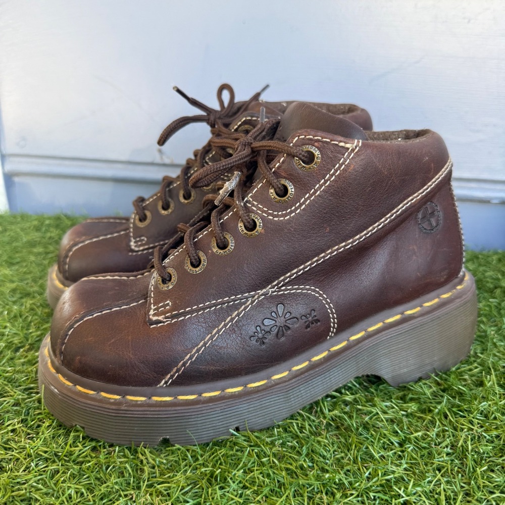 Dr. Martens 12281 Brown Leather Platform Flower Daisy Boots Womens 6 UK 4 EU 37